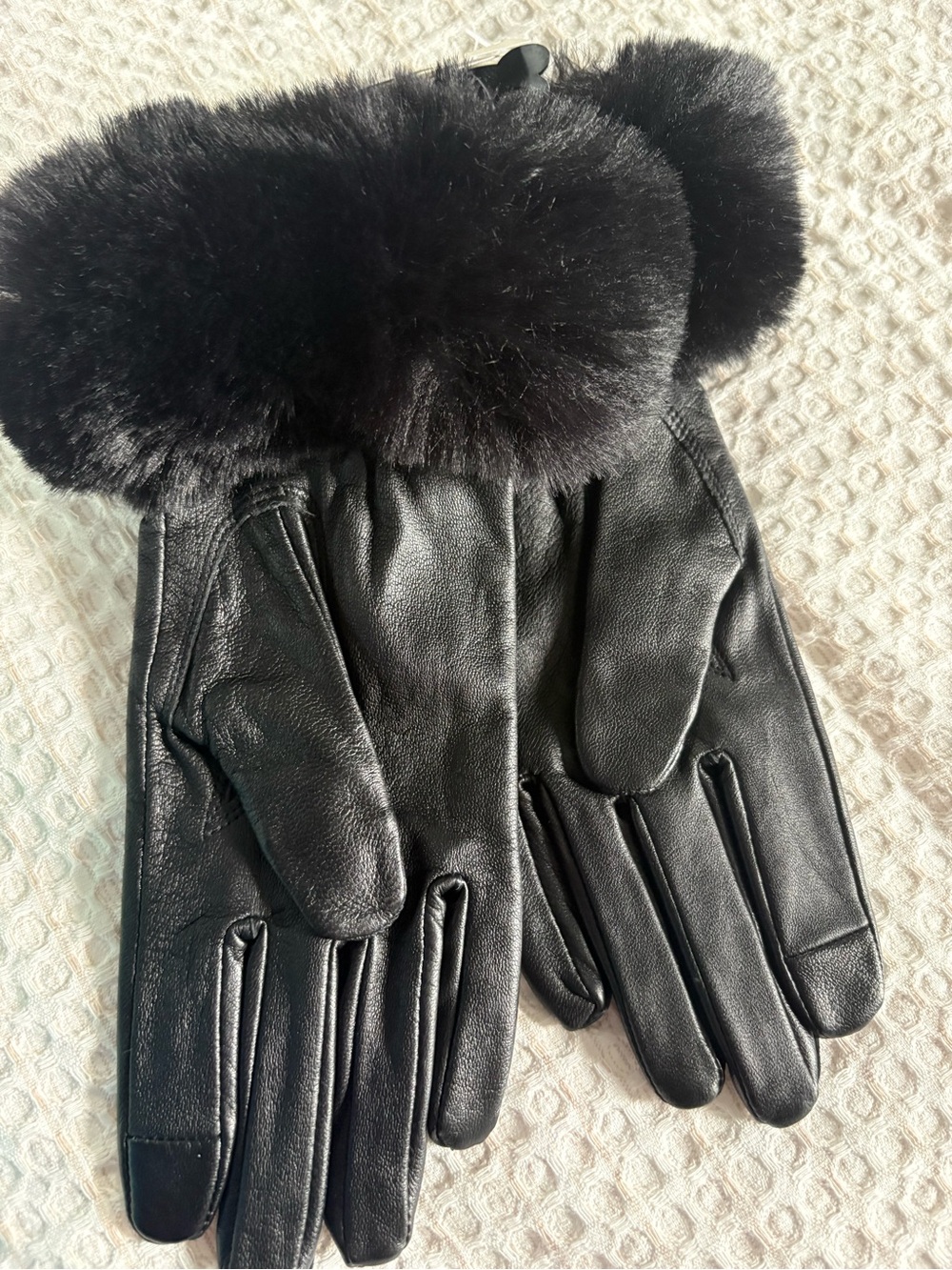 Bass Black Leather Gloves with Black Fur Cuff
